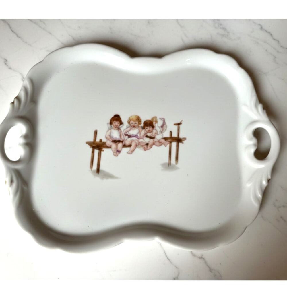 Hummel Goebel Vintage White Porcelain Serving Tray Trio Children Fence Large New